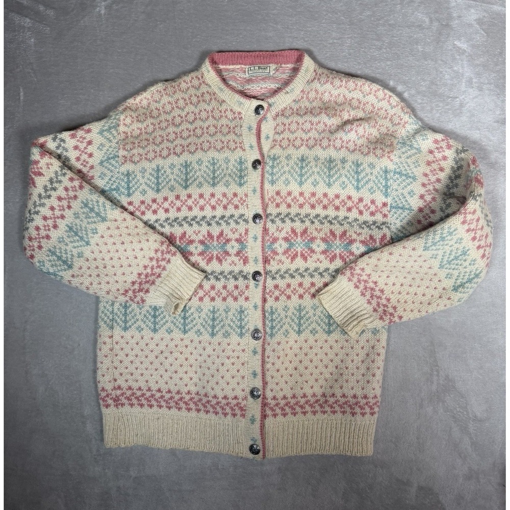 Vintage 90s L.L.Bean Fair Isle Cardigan XL Made USA Pastel Nordic Metal Buttons